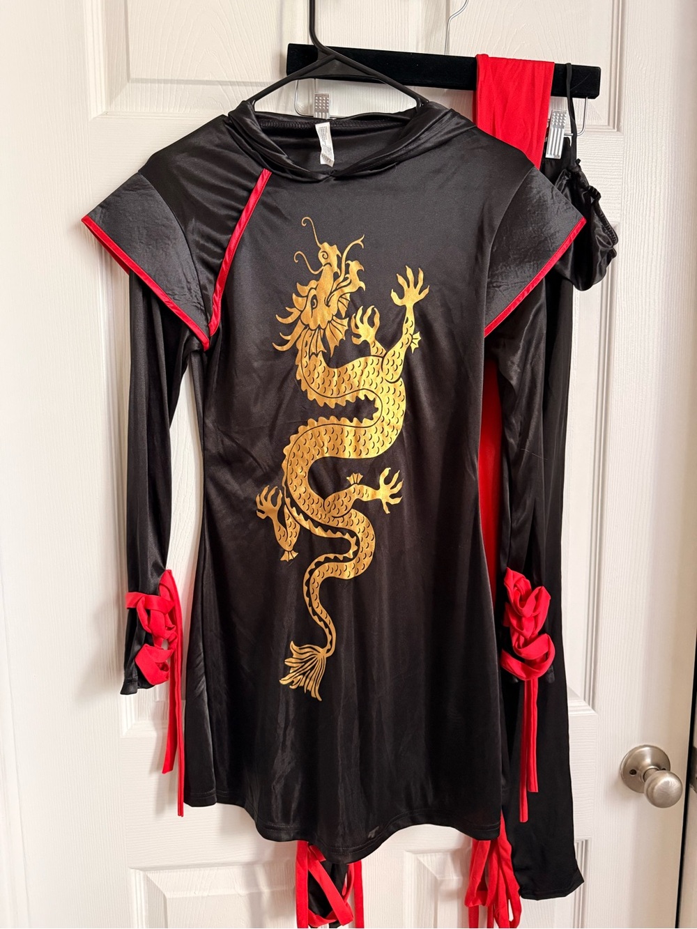 Women Ninja Black Dress costume with Gold Dragon and Red Accents